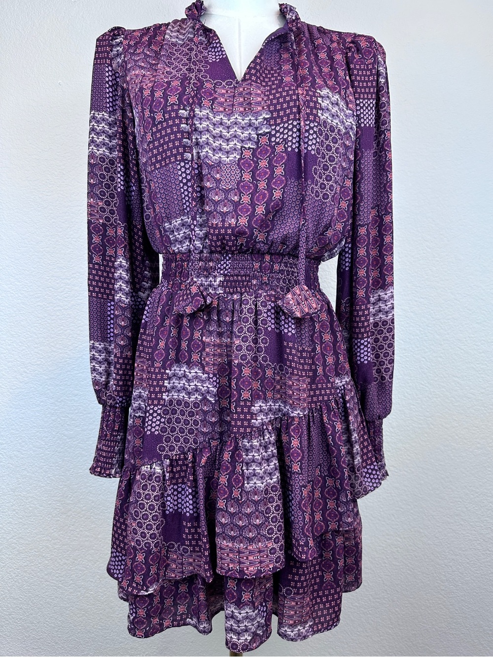 BCBG Paris Burgundy Boho Patchwork Smocked Tiered Ruffle Dress